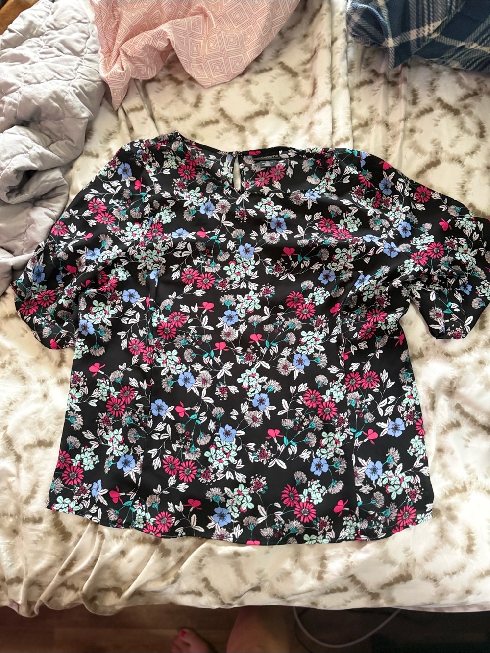 Liz Claiborne Black Floral Short-Sleeve Blouse - Pink, Blue, Mint